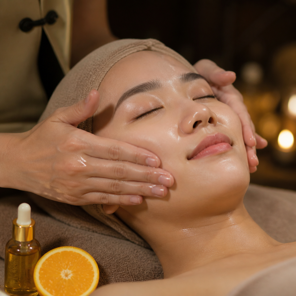 Chuyên viên đang thực hiện liệu trình điện di vitamin C lên mặt khách hàng tại spa, minh họa báo giá chăm sóc da.