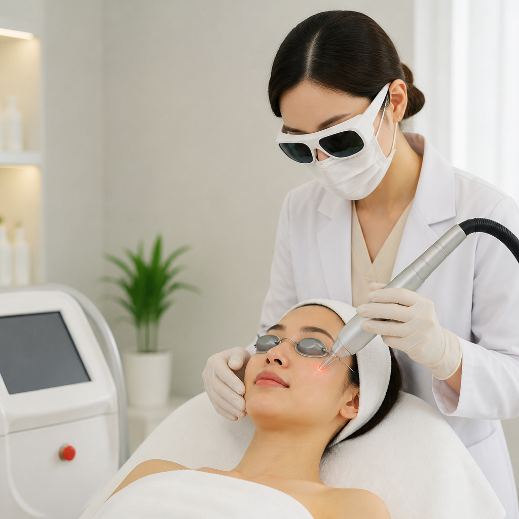 Thiết bị laser hiện đại đang được sử dụng để điều trị nám trên khuôn mặt, minh họa chi phí thẩm mỹ công nghệ cao.