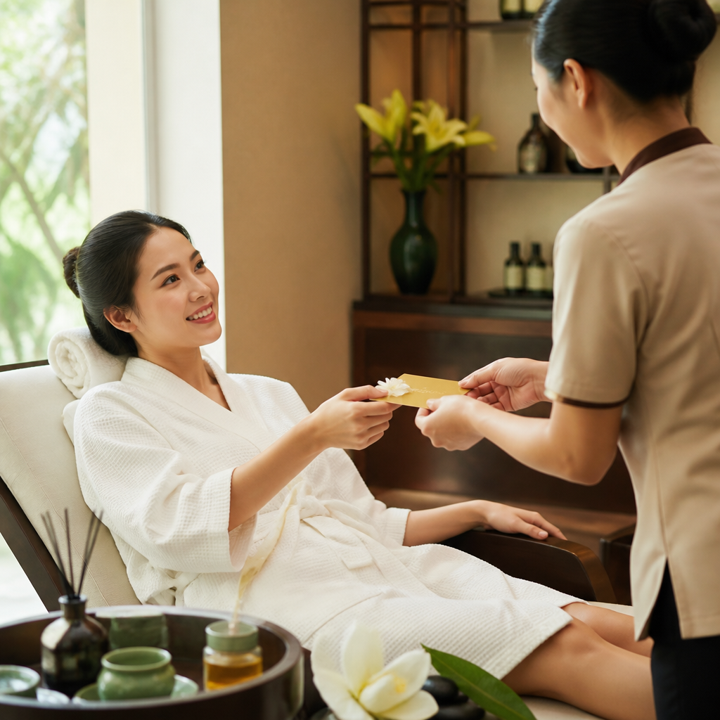Một người phụ nữ đang thư giãn trong không gian spa sang trọng, minh họa các ưu đãi gói và chương trình khuyến mãi spa.