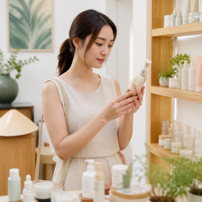 Một người phụ nữ trẻ đang chăm chú đọc thành phần trên nhãn chai mỹ phẩm, biểu thị sự cẩn trọng khi lựa chọn sản phẩm làm đẹp.