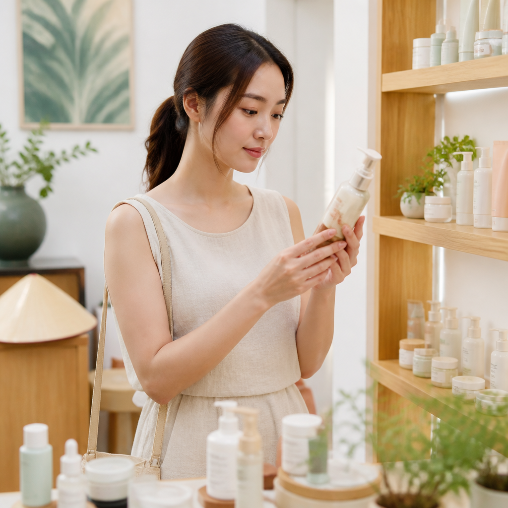Một người phụ nữ trẻ đang chăm chú đọc thành phần trên nhãn chai mỹ phẩm, biểu thị sự cẩn trọng khi lựa chọn sản phẩm làm đẹp.