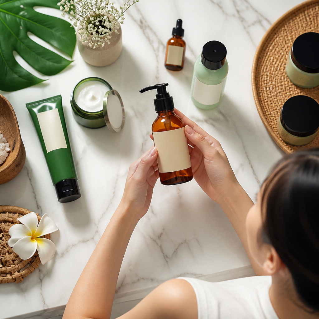 Một người phụ nữ trẻ đang nghiên cứu kỹ bảng thành phần của một sản phẩm mỹ phẩm đang thịnh hành, nhấn mạnh sự cần thiết của việc không mua theo trào lưu.