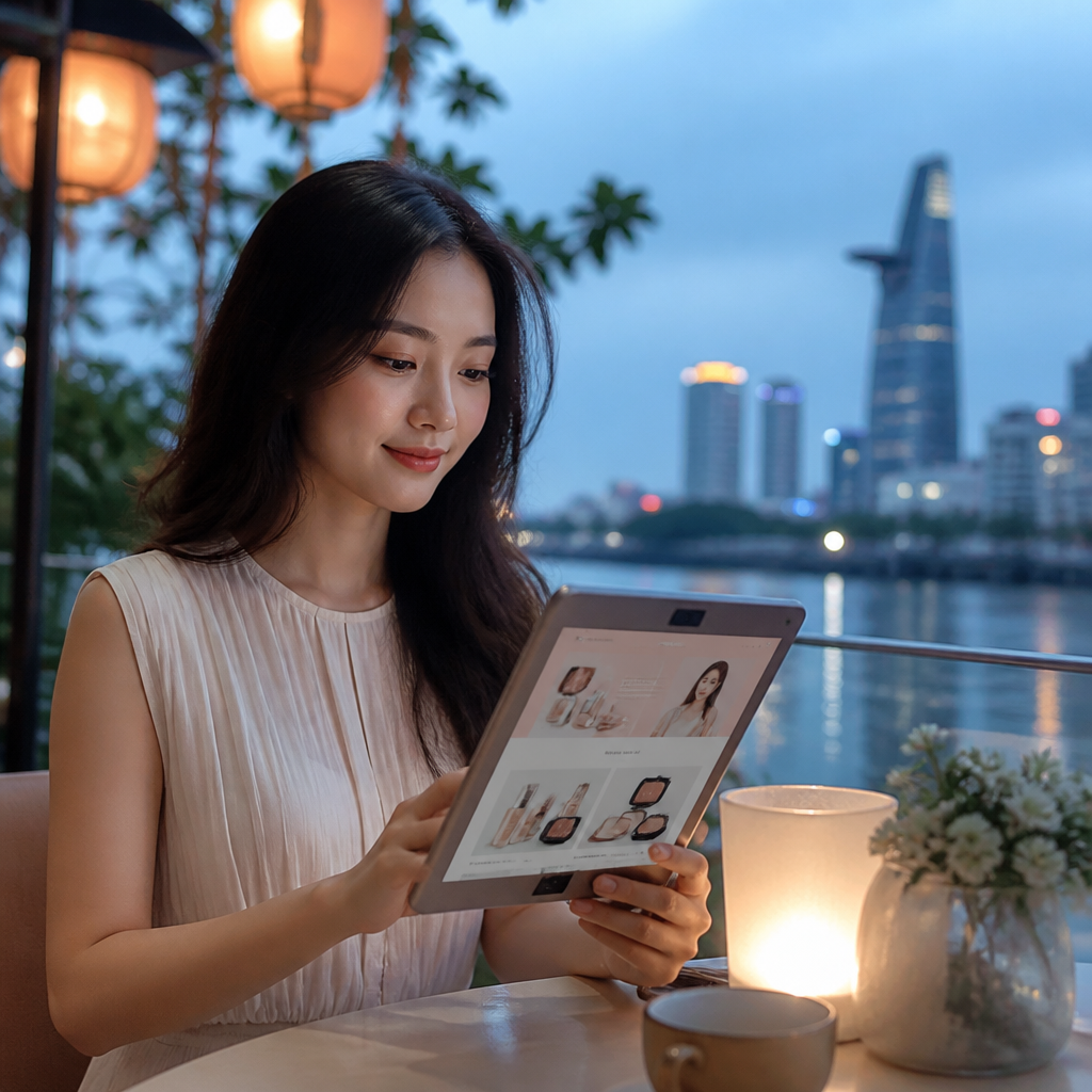 Một người đang đọc một bài blog về cẩm nang làm đẹp trên máy tính bảng, biểu thị việc tìm kiếm thông tin từ nguồn uy tín như Guru Beauty Blog.