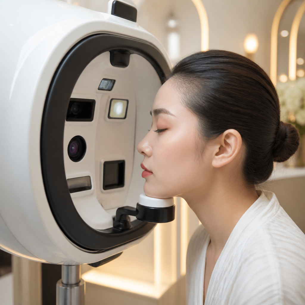 Thiết bị phân tích da bằng AI đang quét khuôn mặt một người phụ nữ, hiển thị dữ liệu chi tiết trên màn hình