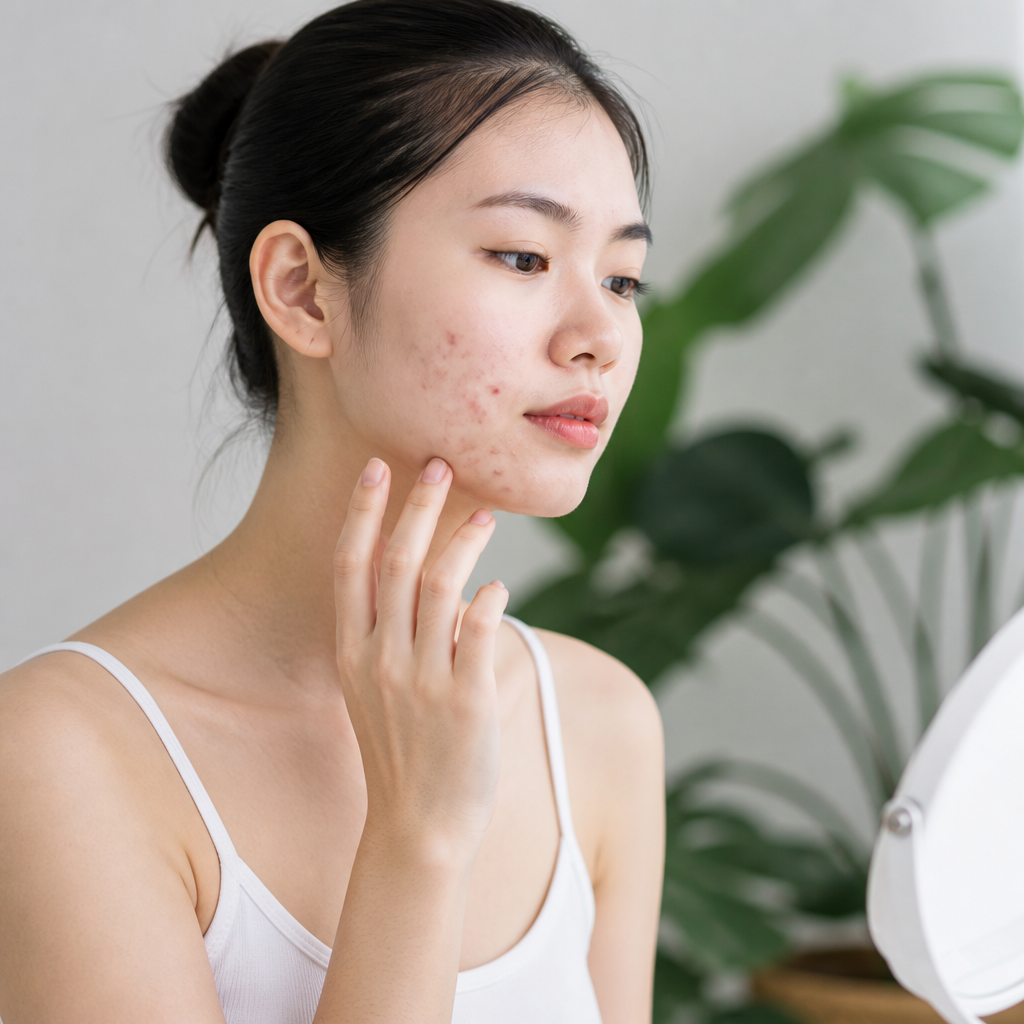 Người phụ nữ trẻ với làn da bị mụn và thâm sạm trước khi điều trị