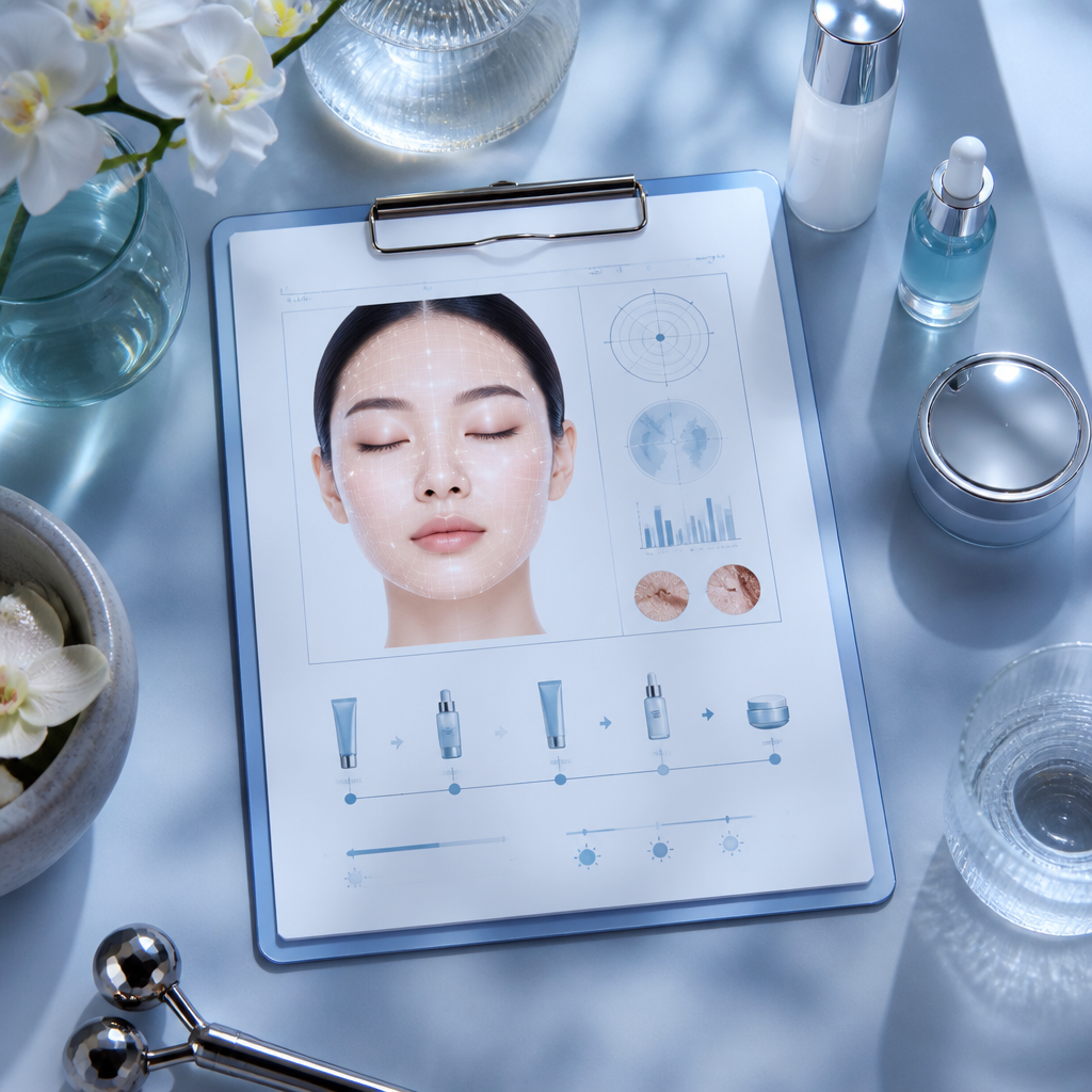 Phác đồ điều trị da do AI tạo ra trên màn hình máy tính, hiển thị các bước và sản phẩm cụ thể