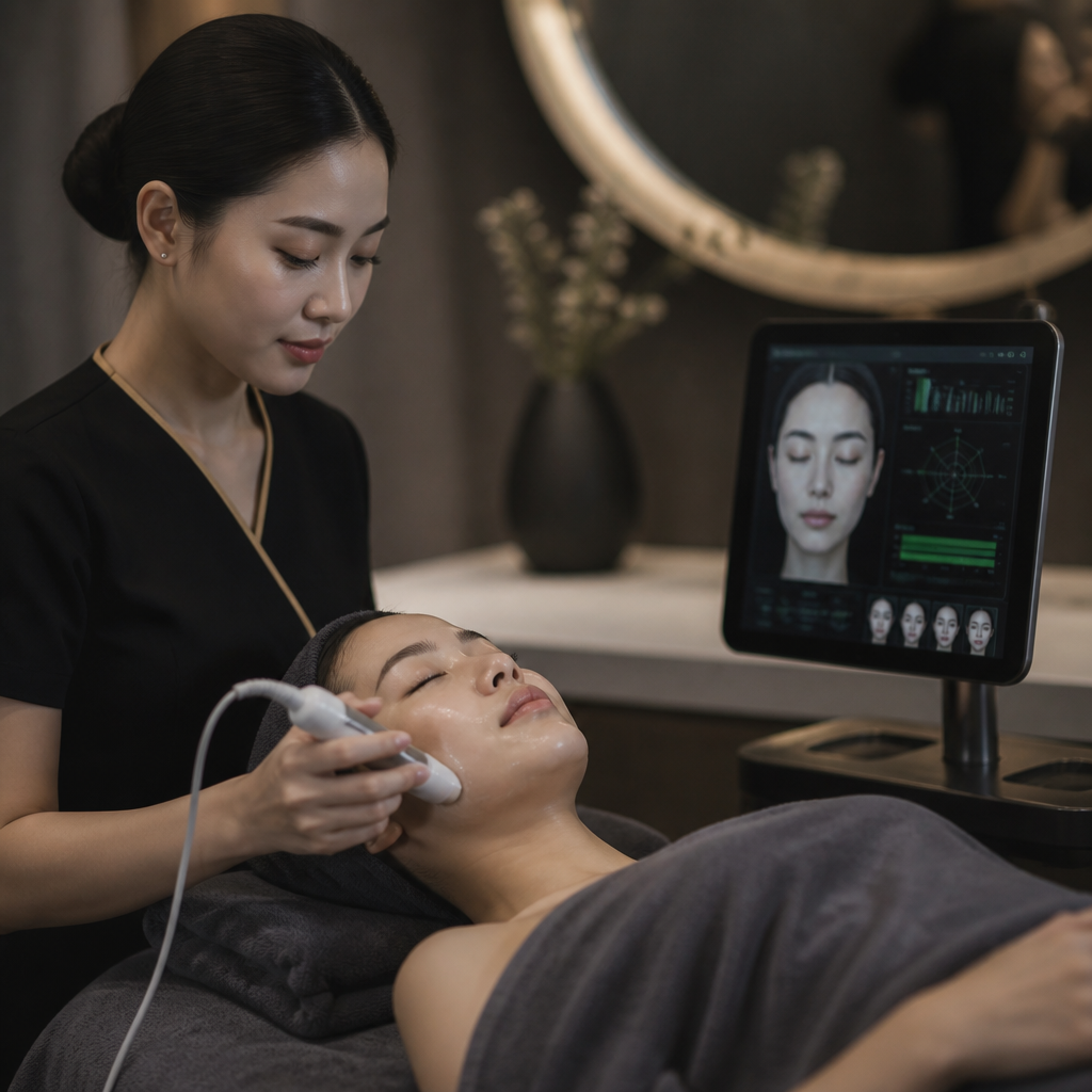 Một chuyên viên spa đang thực hiện liệu trình chăm sóc da mặt cho khách hàng, bên cạnh là máy tính hiển thị báo cáo phân tích da bằng AI