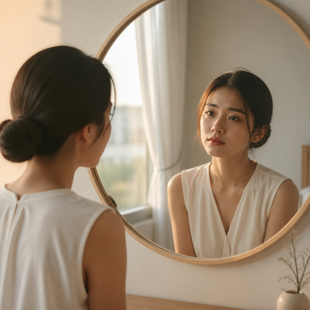 Chị Lan buồn bã nhìn làn da thiếu sức sống trong gương