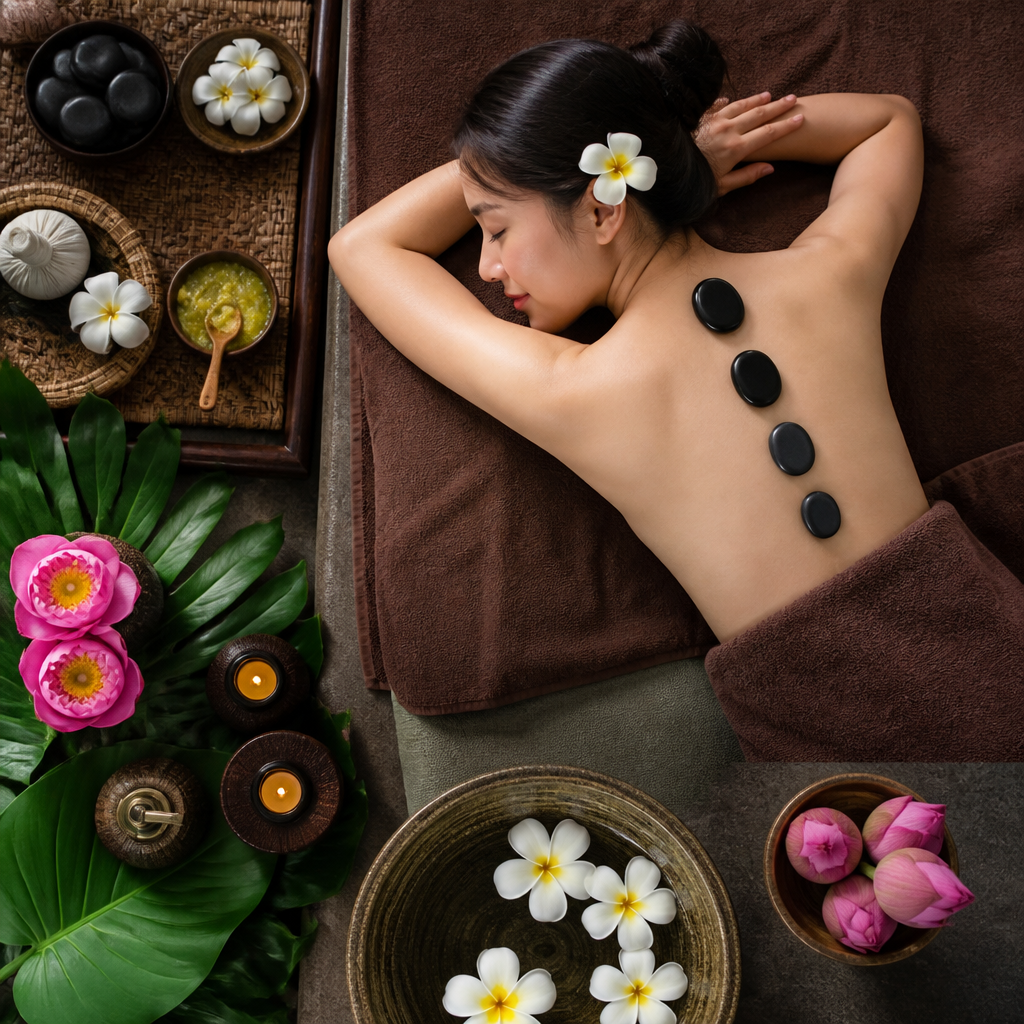 Một người đang được trị liệu massage đá nóng tại spa, với các viên đá được đặt trên lưng.