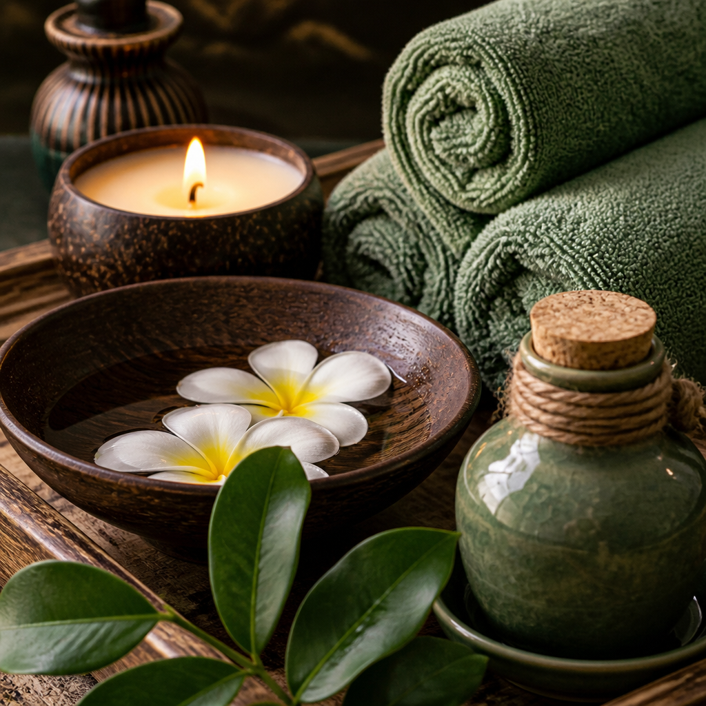 Một phụ nữ đang nhắm mắt thư giãn trong không gian spa với hơi nước và hương liệu dịu nhẹ.