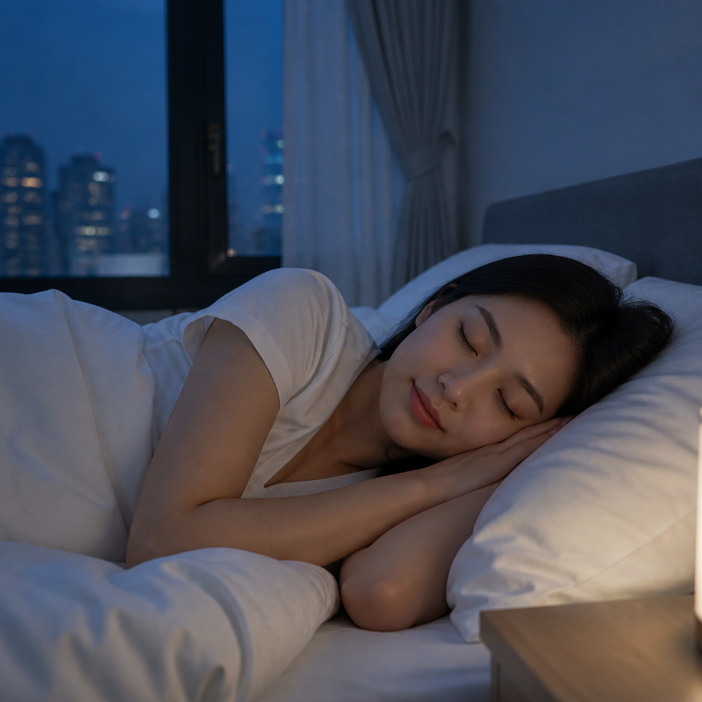 Một người phụ nữ đang ngủ say trên giường trong một căn phòng thoải mái và yên tĩnh.
