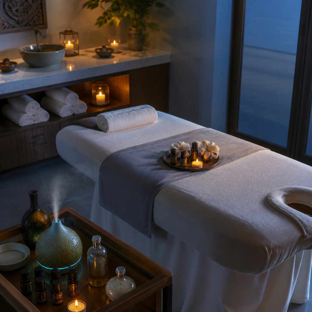 Hình ảnh liệu pháp hương thơm y tế với tinh dầu và hoa tươi, mang đến cảm giác thư thái và dễ chịu