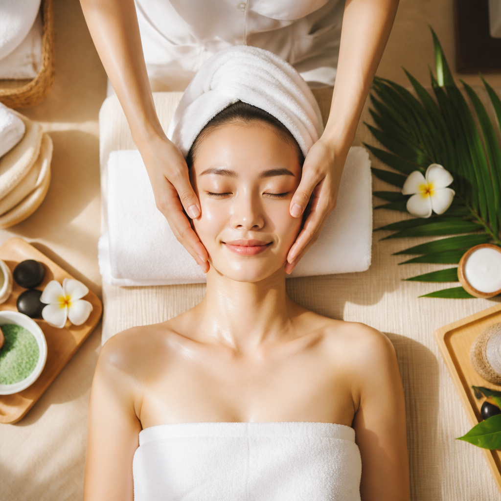 Một chuyên viên đang thực hiện liệu trình chăm sóc da mặt cho khách hàng tại spa.