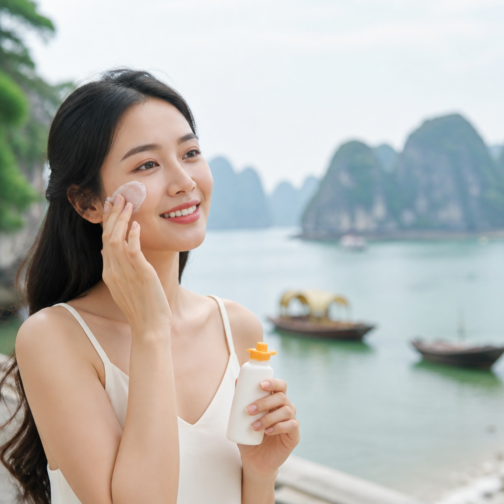 Người phụ nữ thoa kem chống nắng đều khắp mặt để bảo vệ da khỏi tia UV.