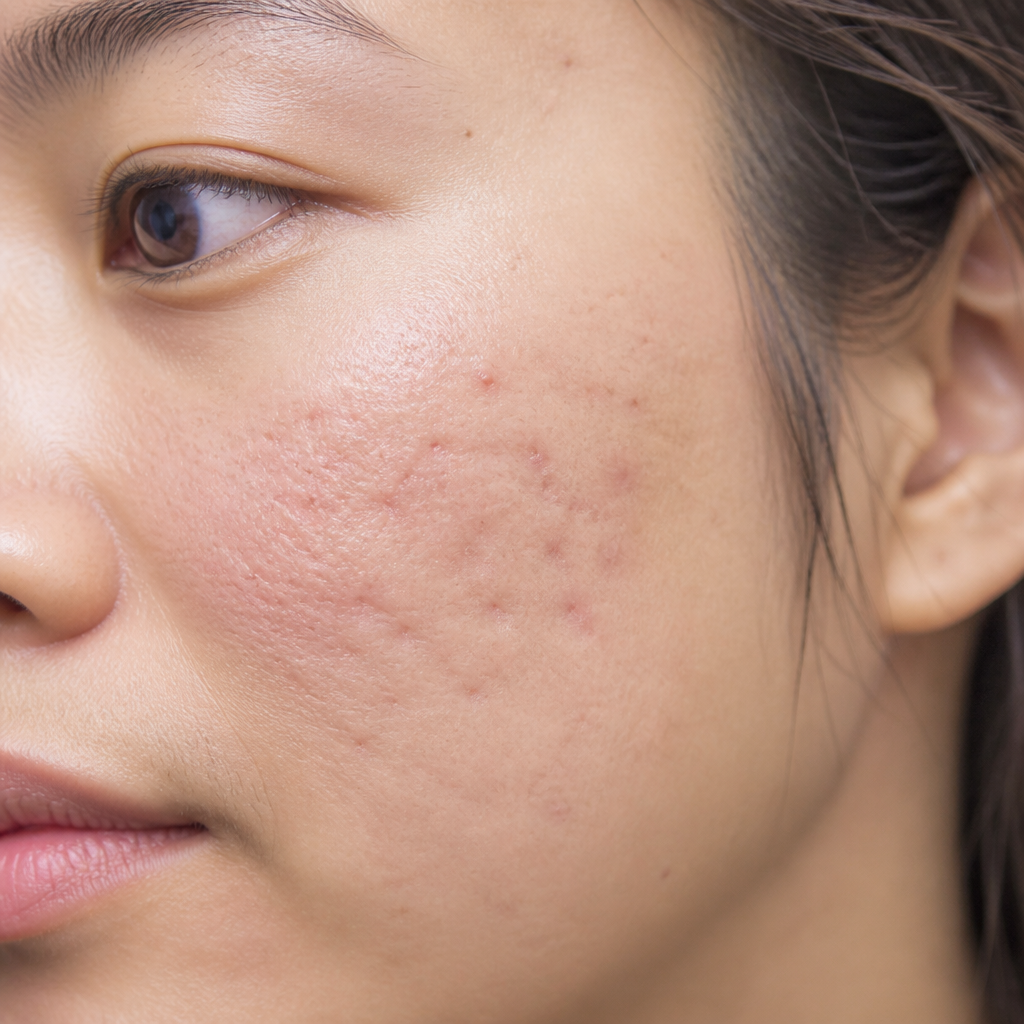 Vết sẹo rỗ và thâm nám nghiêm trọng trên da mặt do nặn mụn sai cách.
