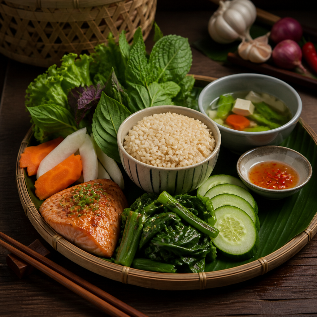 Bàn ăn với các loại thực phẩm lành mạnh như rau xanh, trái cây và ngũ cốc, tốt cho sức khỏe làn da.