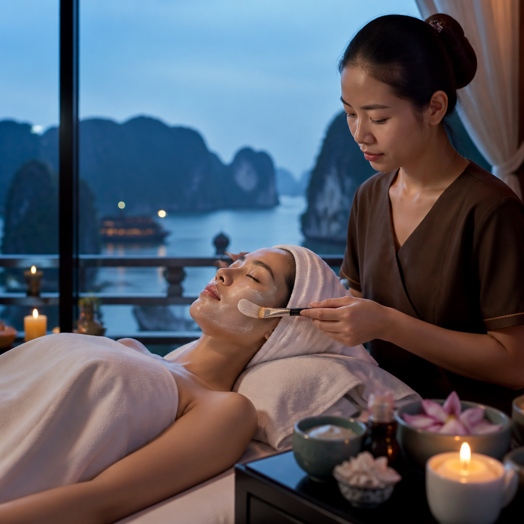 Một phụ nữ đang tận hưởng liệu pháp chăm sóc da mặt tại spa, minh họa lợi ích thư giãn tinh thần và làm đẹp da.