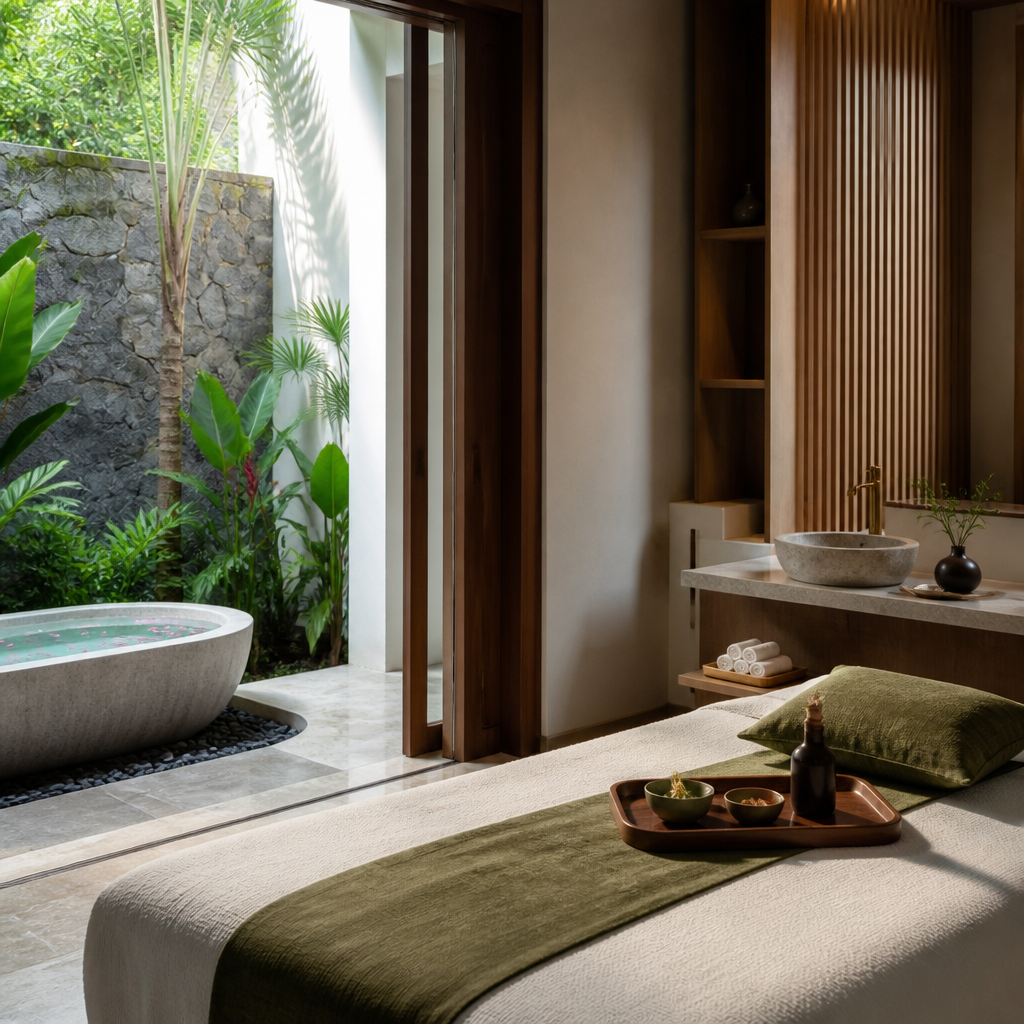 Không gian sang trọng và yên tĩnh bên trong một spa cao cấp của Guru Beauty, thể hiện môi trường lý tưởng cho trị liệu.