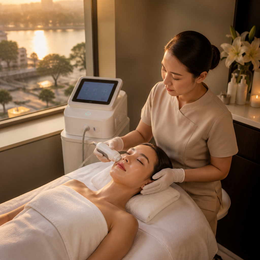 Khách hàng đang trải nghiệm công nghệ nâng cơ không xâm lấn tại thẩm mỹ viện