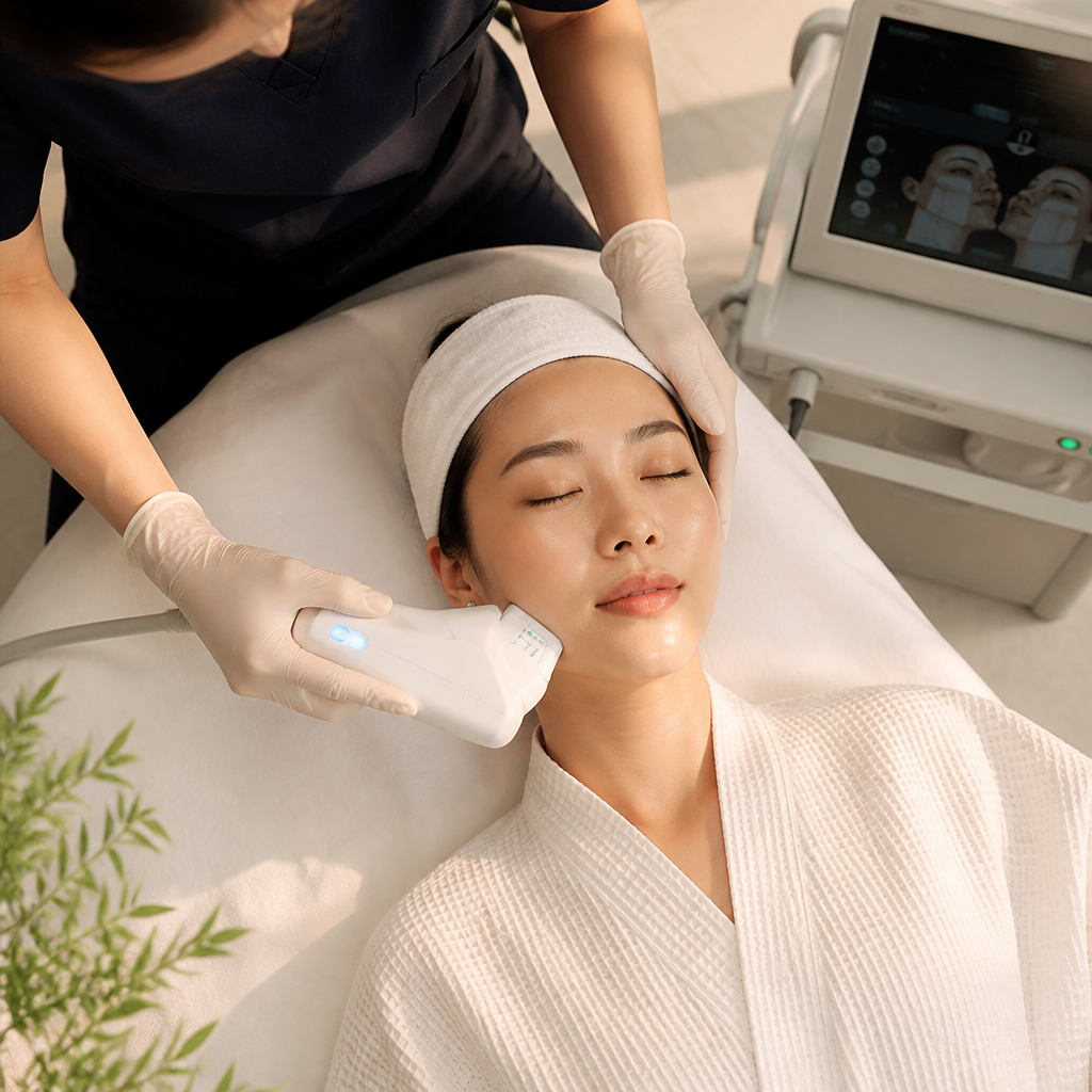 Chuyên gia đang thực hiện liệu trình Ultherapy cho khách hàng tại Guru Beauty