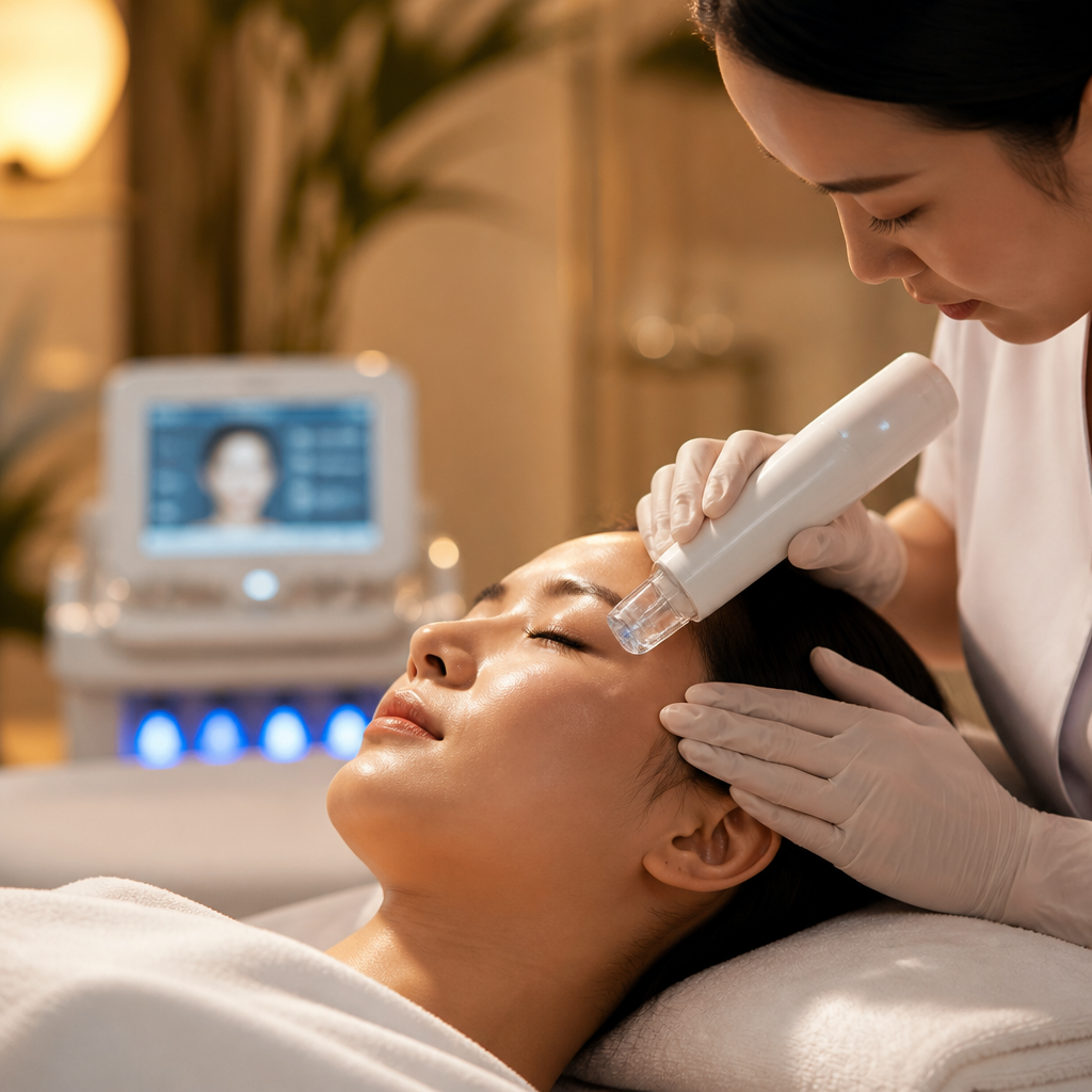Một chuyên gia spa đang sử dụng thiết bị AI để phân tích da mặt của khách hàng, hiển thị dữ liệu chi tiết trên màn hình.