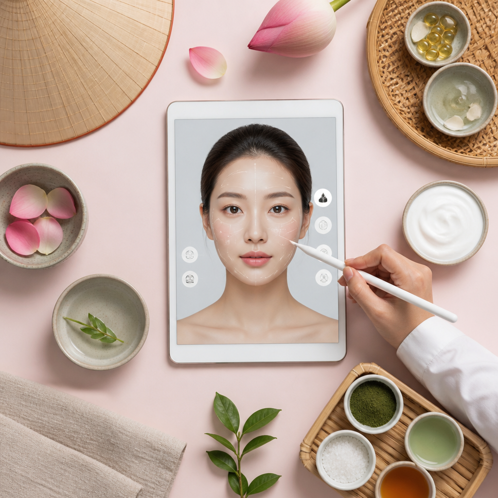 Màn hình hiển thị phác đồ điều trị da cá nhân hóa được tạo ra bởi AI, với các biểu đồ và số liệu chi tiết.