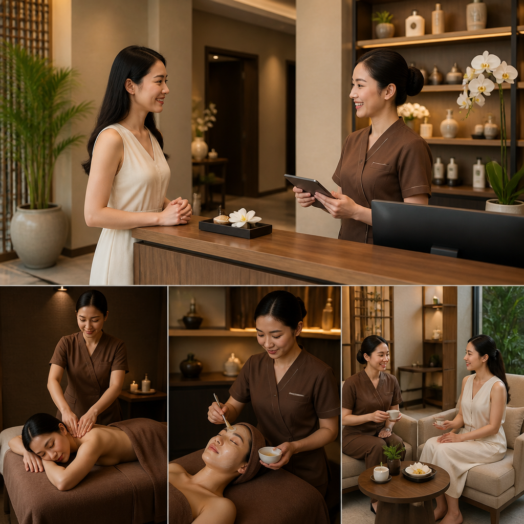 Một khách hàng đang trải nghiệm liệu trình spa với thiết bị công nghệ cao, có sự hướng dẫn của chuyên gia và màn hình hiển thị dữ liệu AI.