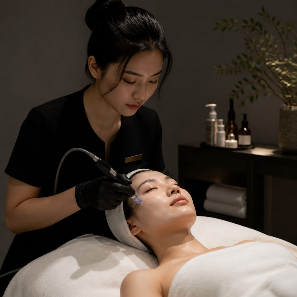 Chuyên gia Guru Beauty đang hướng dẫn khách hàng xem kết quả phân tích da từ thiết bị AI, với logo Guru Beauty xuất hiện tinh tế trên màn hình hoặc đồng phục.