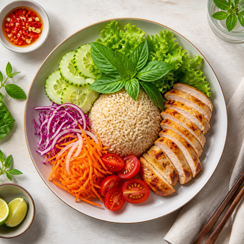 Đĩa thức ăn cân bằng với rau xanh, protein và ngũ cốc nguyên hạt
