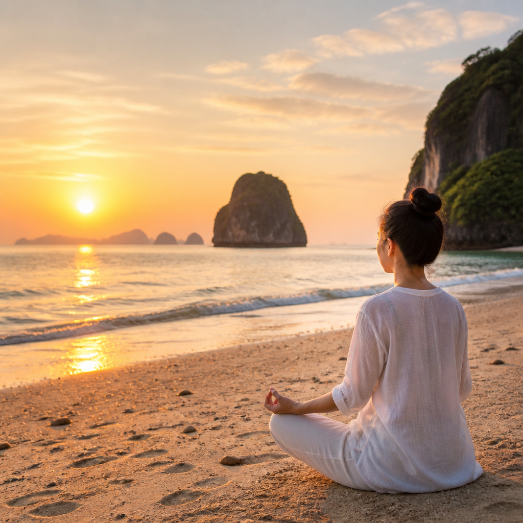 Người đang thiền định bên bờ biển lúc hoàng hôn, tượng trưng cho sự cân bằng