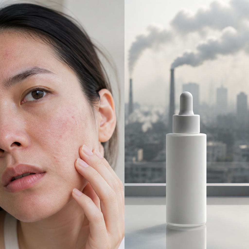Làn da dưới tác động của ô nhiễm đô thị, bụi mịn và các yếu tố môi trường gây hại, minh họa tầm quan trọng của thải độc da chuyên sâu 2026 để phục hồi da sáng khỏe.