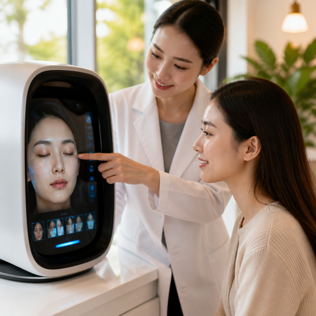 Hình ảnh một người phụ nữ đang sử dụng thiết bị AI để phân tích da mặt, minh họa tin tức làm đẹp mới nhất về cá nhân hóa