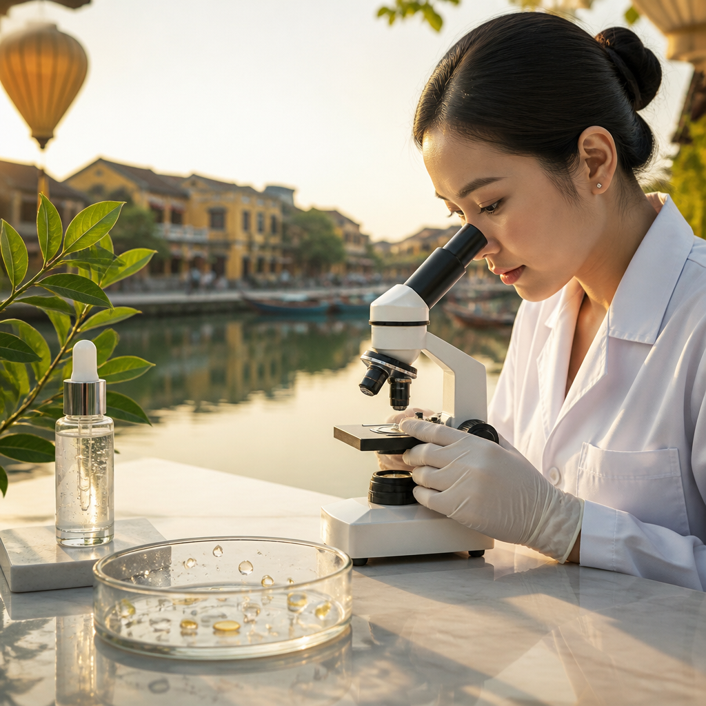 Hình ảnh minh họa công nghệ nano và microfluidic trong sản phẩm chăm sóc da, thể hiện sự phát triển của công nghệ làm đẹp