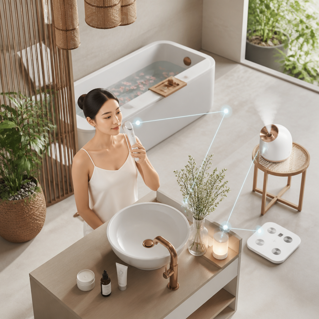 Hình ảnh một người phụ nữ sử dụng thiết bị làm đẹp thông minh tại nhà, kết nối qua ứng dụng điện thoại