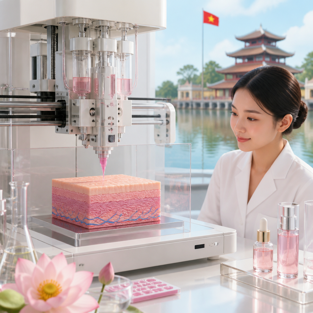 Hình ảnh một mô hình da đang được in 3D, đại diện cho công nghệ làm đẹp tiên tiến
