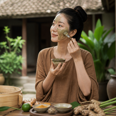 Một người phụ nữ đang đắp mặt nạ từ nguyên liệu tự nhiên